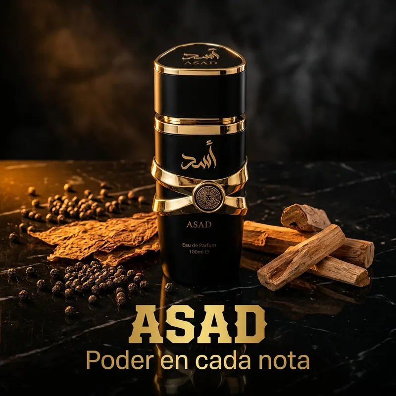 Frasco negro y dorado de Lattafa Asad sobre mármol oscuro, con pimienta negra, tabaco y maderas
